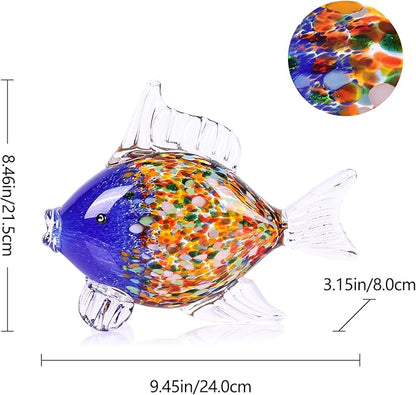 Large Hand Blown Glass Fish Figurines, Aquarium Sea Glass Art, Blue Orange Fish Statue Sculpture Modern Coastal Accent - for Beach Knick Knacks, Coffee Tables, Nautical Offices Centerpiece