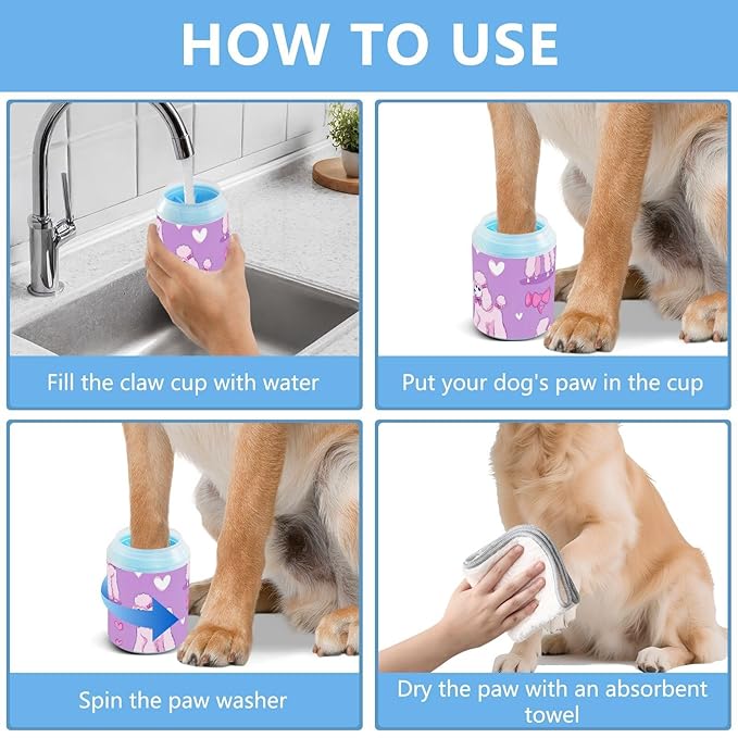 Dog Paw Cleaner Mudbuster Dog Foot Washer for Small Medium Large Dogs Cats Premium Pet Supplies Purple Cute Poodles Hearts Rainbows Ribbons