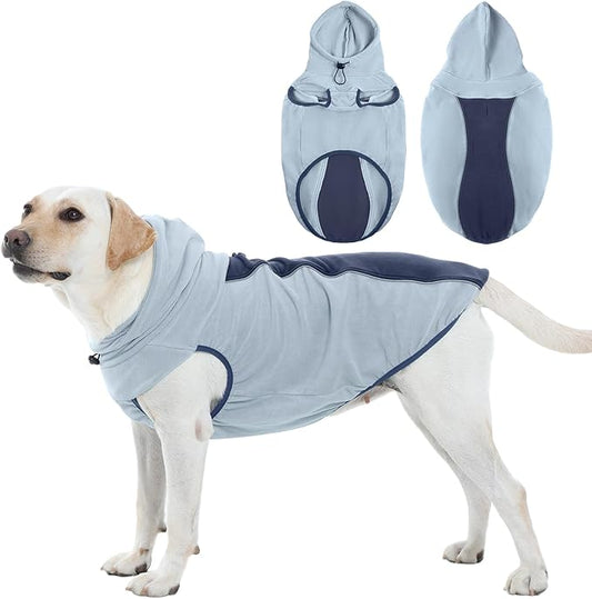 Fleece Dog Sweater - Stretch Warm Dog Fleece Jacket Vest Sweatshirt with Hood, Leash Hole, Sleeveless & Reflective - Soft Pullover Hoodie for Medium Large Dogs, Fall & Winter Walks - Blue XXL