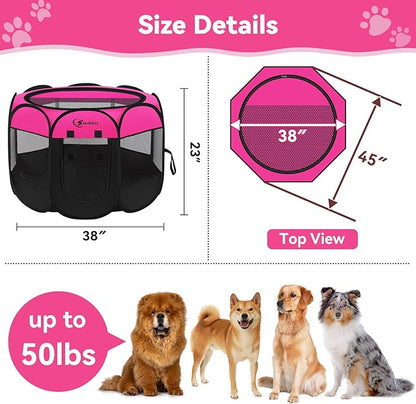 Dog Cat Playpen, Medium Puppy Pet Playpen, Dog Crate Tent Cage Indoor/Outdoor, Portable Pop Up Dogs Kennel Playpen with Carrying Case for Dogs/Cats/Rabbits, Hot Pink