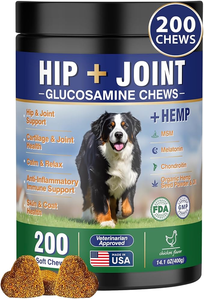 Hip and Joint Supplement for Dogs 200 Hemp Dog Calming Chews with Glucosamine, Chondroitin, Msm, Omega3, Melatonin for Senior Dogs Anxiety Pain Relief Anti Inflammatory Small/Medium/Large Dog -Chicken