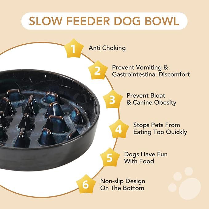 Ceramic 3.2 Cup Raised Slow Feeder Dog Bowl Set, Elevated 8.2inch Bowl and 9.5inch Slow Feeder Dish with Acacia Wood Stand for Large Dog (2 x Starry Sky+ Stand)