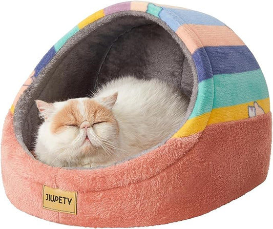 Jiupety Cute Cat Beds for Indoor Cats, Cat Cave Bed for Kittens, Hideaway Cat House & Tent with Anti-Slip Bottom, Washable Removable Cushion, M(16"x16"x13"), Rainbow