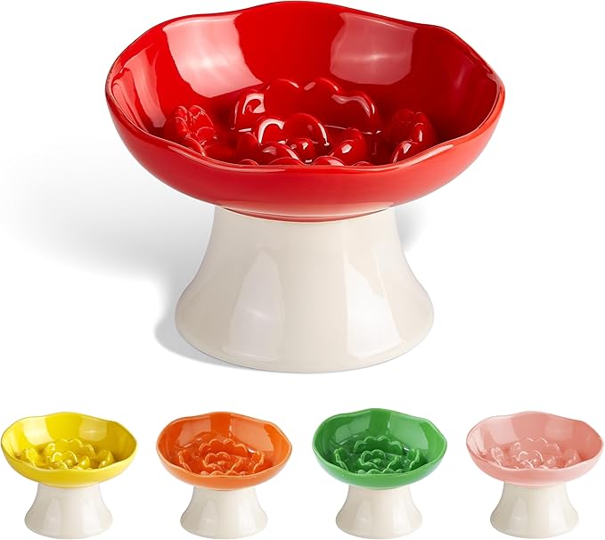 Ceramic Slow Feeder Bowl for Cats and Small Dogs, Elevated Tilted Pet Food Dish, Whisker Friendly Anti-Vomit Design, Heavy Stable Base, Dishwasher Safe， 5 Colors Options (Ruby Red)