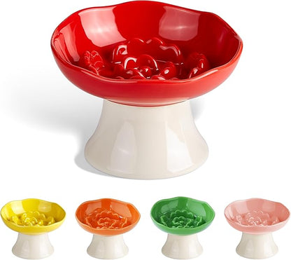 Ceramic Slow Feeder Bowl for Cats and Small Dogs, Elevated Tilted Pet Food Dish, Whisker Friendly Anti-Vomit Design, Heavy Stable Base, Dishwasher Safe， 5 Colors Options (Ruby Red)