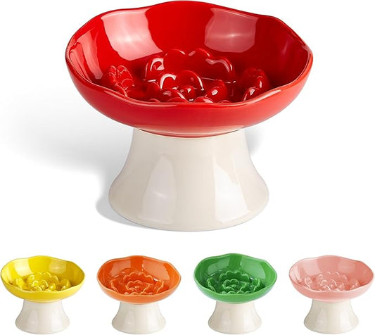 Ceramic Slow Feeder Bowl for Cats and Small Dogs, Elevated Tilted Pet Food Dish, Whisker Friendly Anti-Vomit Design, Heavy Stable Base, Dishwasher Safe， 5 Colors Options (Ruby Red)
