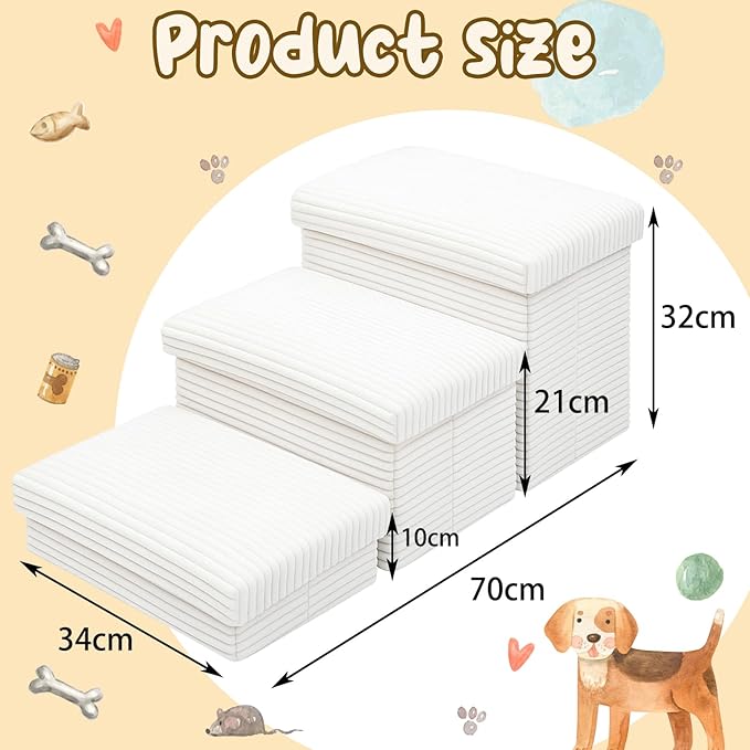 Dog Stairs for Small Dogs with Storage 18" h, 3-Tier Non-Slip Pet Stairs for Dogs Cats, Foldable White Dog Steps Ramp, Corduroy Fabric Pet Ramp for High Beds Couches
