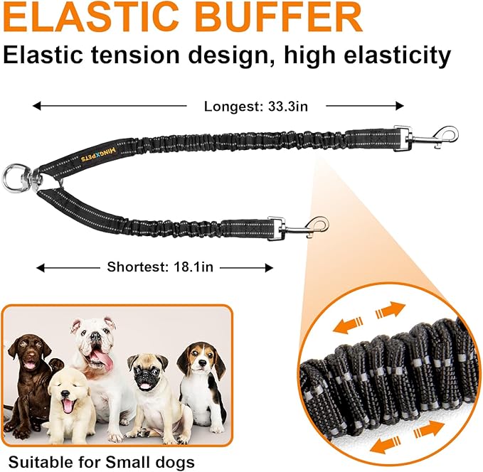 MingXpet 2 Dog Leash, Dog Leash for 2 Dogs, 360° Swivel No Tangle Double Walking Training Leashes for Small Dogs, Comfortable Shock Absorbing Reflective Bungee, Black