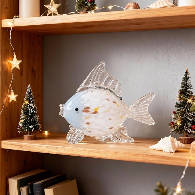 Large Hand Blown Glass Fish Figurines, Aquarium Sea Glass Art, Blue White Fish Statue Sculpture Modern Coastal Accent - for Beach Knick Knacks, Coffee Tables, Nautical Offices Centerpiece