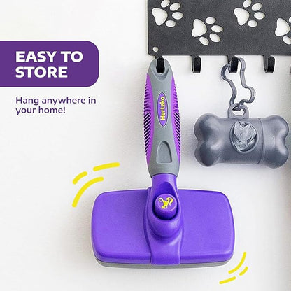 Hertzko Self-Cleaning Slicker Brush - Cat and Dog Brush for Shedding, Tangles and Dirt - Gentle Grooming Tool for Sensitive Skin - Pet Hair Remover for Long and Short Coats - Purple