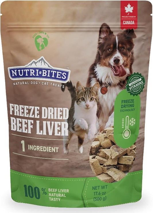 Nutri Bites Freeze Dried Beef Liver Dog & Cat Treats | Healthy Pet Training Treats or Food Topper | All Natural, Single Ingredient, High Protein | Premium Bulk Value Pack, 17.6 oz