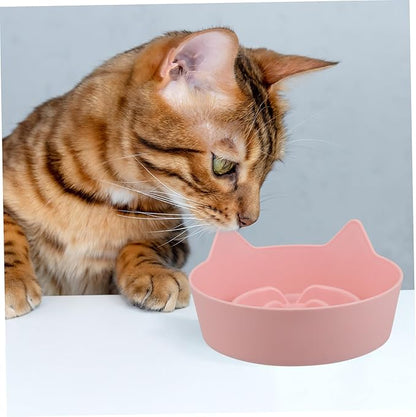 Non-Slip Pink Cat Bowl Slow Feeder with Grooved Interior for Small Pets Puppies Kittens Rabbits Plastic Dish for Wet Food and Water