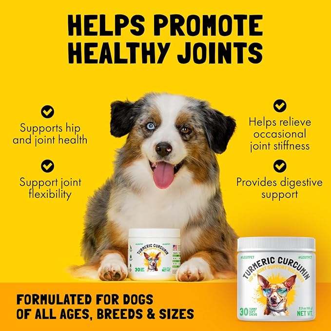 LEGITPET Turmeric Curcumin Hip & Joint Supplement for Dogs – Supports Mobility, Comfort & Overall Wellness – with Collagen & BioPerine – 30 Chews