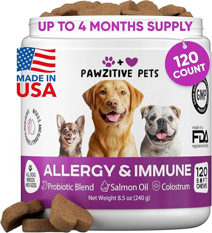 Dog Allergy Relief Chews for Itchy Skin - Seasonal and Food Allergy Chews for Shedding, Licking Paws, Hot Spot, Ears - USA Product - Omega 3 Fish Oil Skin & Coat Supplement - Anti Itch Immune Treats