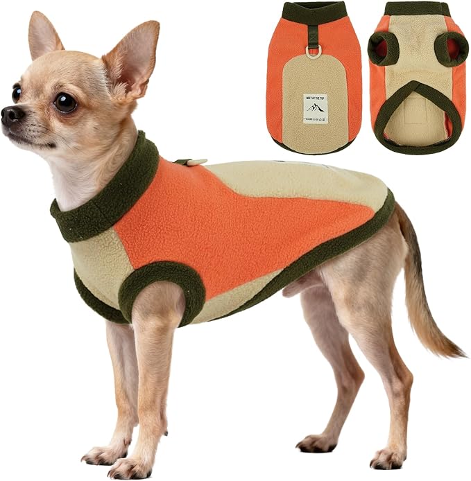 Cozy Dog Fleece Jacket,Winter Warm Puppy Pullover with D-Ring, Sleeveless & Soft Stretch Vest for Small Dogs Running,Jogging,Hiking,Cold Weather Hoodie,Machine Washable,Orange,Size S