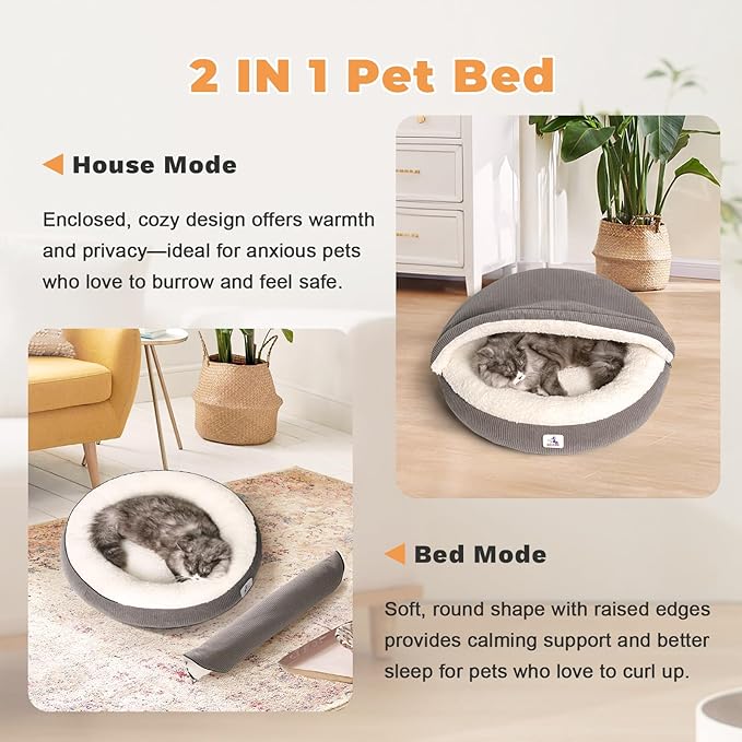 Covered Cat Bed Cave for Small Cats Dogs Washable Hooded Self Warming Cat Bed 23 inches Anti-Slip Round Fluffy Kitten Puppy Bed Noiseless Security Cat Cave Bed with Removable Cushion, Gray