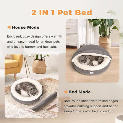 Covered Cat Bed Cave for Small Cats Dogs Washable Hooded Self Warming Cat Bed 23 inches Anti-Slip Round Fluffy Kitten Puppy Bed Noiseless Security Cat Cave Bed with Removable Cushion, Gray