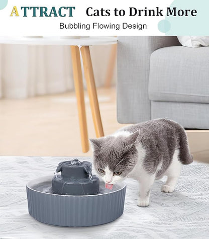 Ceramic Cat Water Fountain, Ceramic Pet Fountain, 2.1 L Drinking Fountains Bowl for Cats and Dogs with Replacement Filters and Foam(Grey)