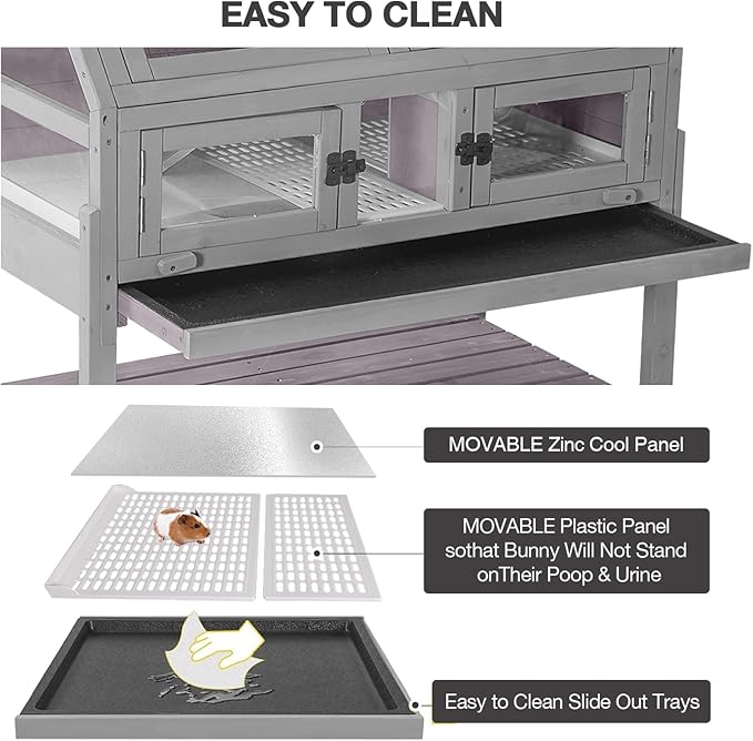 Large Guinea Pig Cages Indoor with Wheels, Wooden Rabbit Hutch with Plastic Floor and Zinc Cool Plate, Anti-Chewing Ramp, Small Animal Habitat with Leakproof Tray for Hamster, Chinchillas, Rats