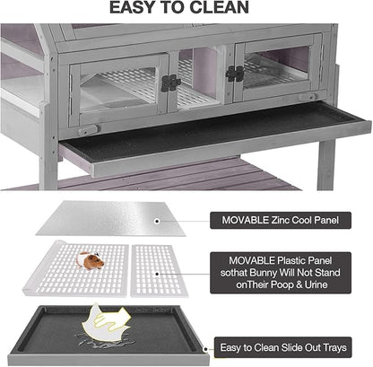 Large Guinea Pig Cages Indoor with Wheels, Wooden Rabbit Hutch with Plastic Floor and Zinc Cool Plate, Anti-Chewing Ramp, Small Animal Habitat with Leakproof Tray for Hamster, Chinchillas, Rats