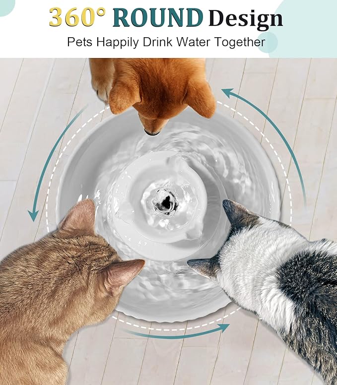Ceramic Cat Water Fountain, Pet Ceramic Water Fountain Dispenser, 2.1 L Drinking Fountains Bowl for Cats and Dogs with Replacement Filters and Foam(White)