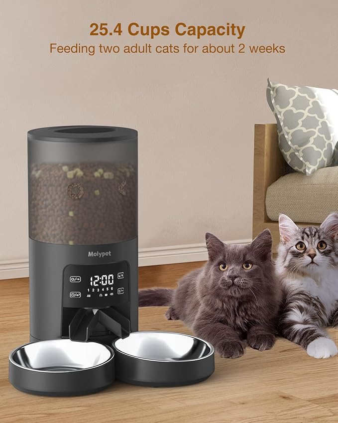 Molypet Automatic Cat Feeders for 2 Cats - 6L Food Dispenser with Double Bowls, Programmable Timed Feeder up to 6 Meals per Day with 10S Voice Recorder, Support Dual Power Supply