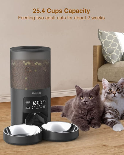 Molypet Automatic Cat Feeders for 2 Cats - 6L Food Dispenser with Double Bowls, Programmable Timed Feeder up to 6 Meals per Day with 10S Voice Recorder, Support Dual Power Supply
