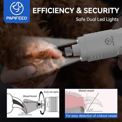 PAPIFEED Dog Nail Grinder Professional Pets, 3-Speed Electric Quiet Dog Nail Grinder, Rechargeable Dog Nail Trimmers - with 2 LED Lights/2 Grinder Wheels, for Small, Medium, (White)