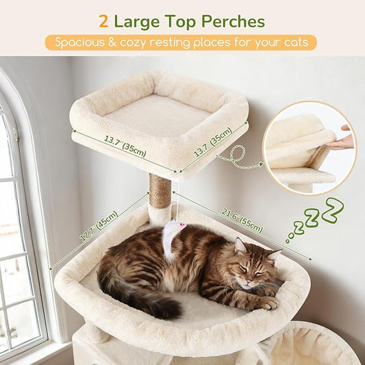 Globlazer Extra Large Cat Tree Tower, 82in Tall Heavy Duty Cat Tree for Indoor Cats Large Adult Big Cat Tower with 8 Scratching Posts, 2 Cat Condos, 2 Top Perches, 3 Hanging Baskets, S82, Beige