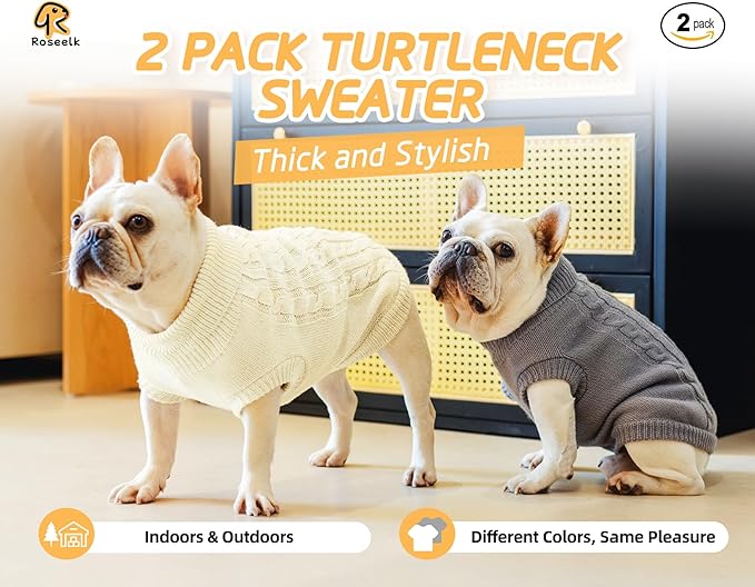 2 Pack Dog Sweaters for Small Dogs - Puppy Medium Warm Clothes in Winter, Turtleneck Pullover Design for Boy Girl Pet, Doggie, Cat, Kitten Chihuahua Bulldog Pug Beagles (XS, Grey, Beige)