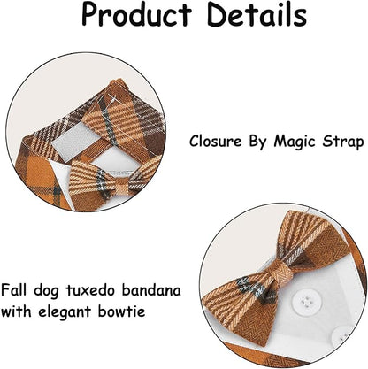 Fall Dog Tuxedo Bandana, Orange Plaid Pet Collar with Bowtie, Adjustable Halloween Thanksgiving Dog Tux Costume for Small Medium Large Pets