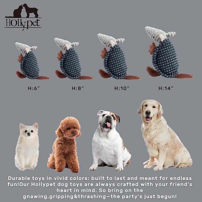 Hollypet Plush Dog Squeaky Toy Stuffed Armadillo Animal Pet Puppy Chew Toys with Clean Teeth for Small Medium Large All Breed Sizes Dogs, Dark Gray and Light Gray,8 in
