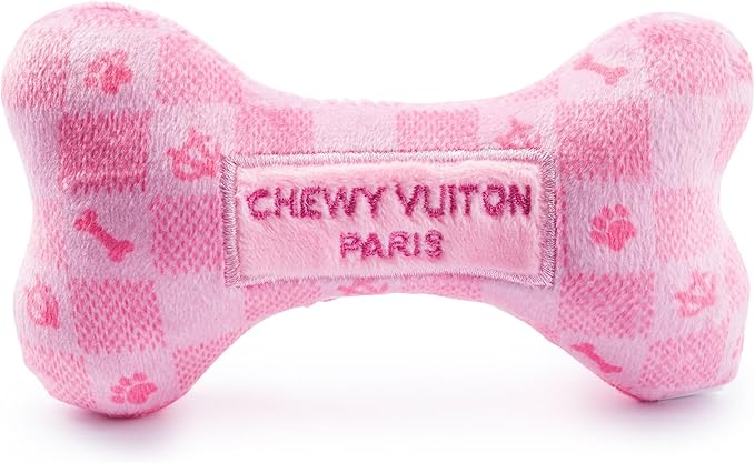 Haute Diggity Dog Pink Checker Chewy Vuiton Bone, Plush Designer Dog Toys with Interactive Squeaker, Stimulating Pet Enrichment, Machine-Washable & Safe Materials for All Breeds, Size Small