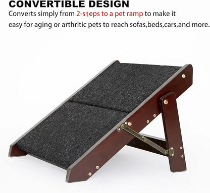 MEWANG Wooden Pet Stairs/Pet Steps - 2-in-1 Foldable Stairs & Ramp for Beds and Cars - Portable Dog/Cat Ladder Up to 110 Pounds - Great for Small and Older Animals(Brown) (Tan, 49 * 10 * 55.5, 1)