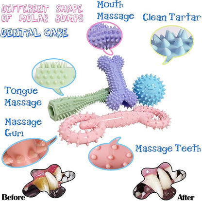 4 Pack Puppy Toys for 2-8 Months Pets Dog Chew Toy for Small Puppies Teething Toys for Cleaning Teeth Food Dispensing Soft Durable Rubber Bone Funny Ball Interactive Donut Treat Dumbbell (Mix Color)