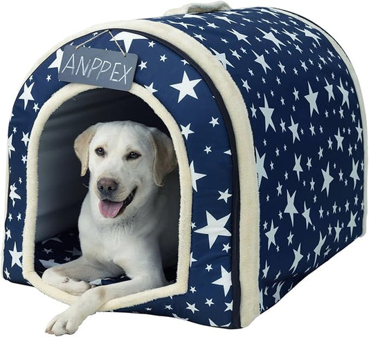 ANPPEX Large Igloo Dog House Indoor,2XL Size Dog Cave for Large and Medium Dogs,2-in-1 Washable Covered Dog Bed,Blue