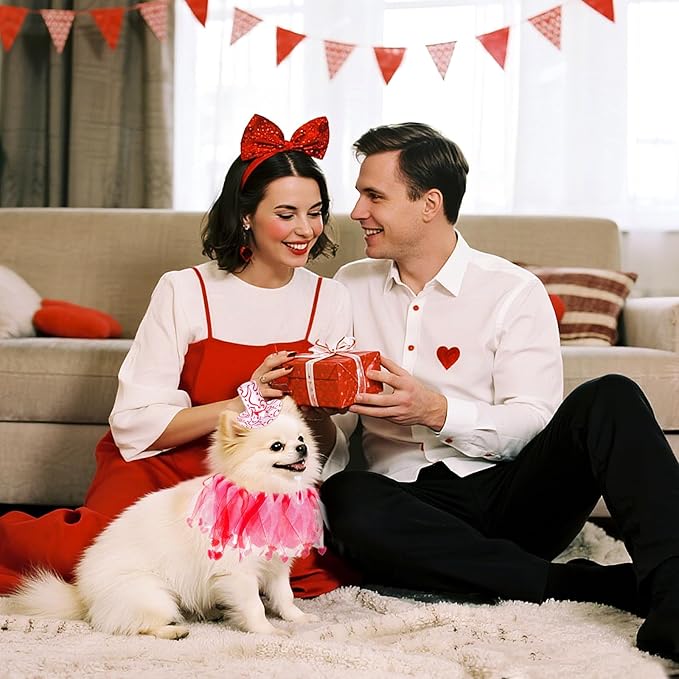 2Pcs Dog Valentines Outfit Costume Set, Dog Love Heart Hat and Collar Set for Small Medium Pets Dogs Cats Holiday Party Props