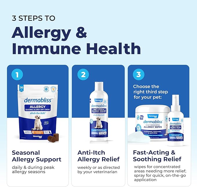 Vetnique Dermabliss Seasonal Dog Allergy Relief & Immune Support Supplement Allergy Chews for Dogs Itching and Licking with Omega 3 Fish Oil & Probiotics for Itch Relief (60 Count Chews)