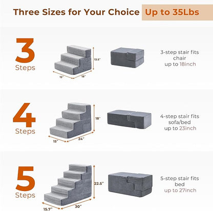 HYLEORY Dog Stairs for Bed 18''H, 4-Step Pet Stairs for Small Dogs Cats, Sturdy Pet Steps with Non-Slip Bottom, Functional Portable Dog Ramp for Couch/Chair/Sofa/Car, Storage Pocket, Light Grey-Grey