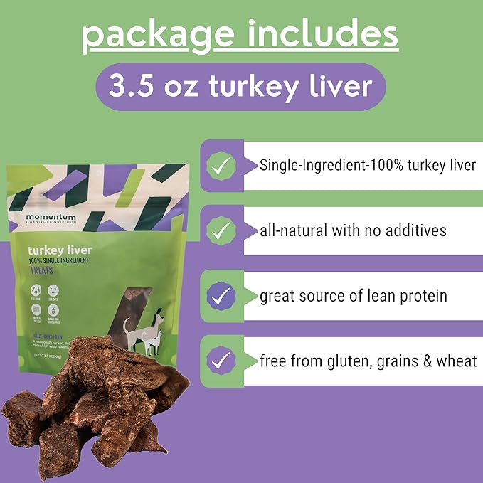 Momentum Carnivore Nutrition Freeze-Dried Turkey Liver Dog Treats & Cat Treats – Single-Ingredient, High-Protein, Grain-Free, Naturally Flavorful & Lean – Made in USA – 3.5 oz Bag