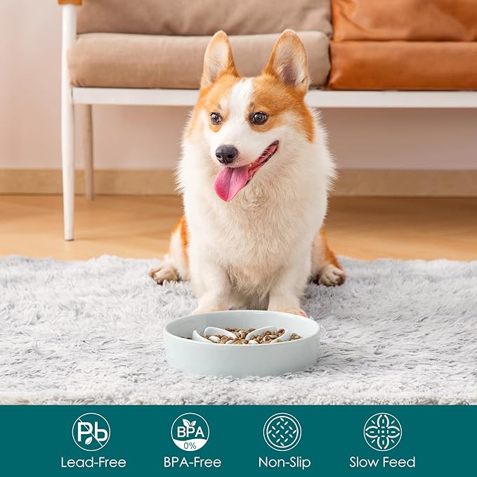 vancasso Ceramic Slow Feeder Dog Bowls, Puzzle Dog Food Bowls with Floral Maze, Anti -Slip Pet Food Dish for Large Breed, 3 Cups, Grayish Cyan