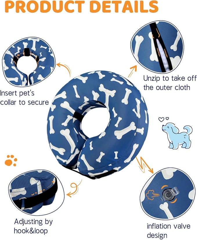 Supet Inflatable Dog Cone Collar for Large Medium Small Dogs, Soft Cone Collar for Dogs Cats, ECollar Doggie Neck Donut Dog Cone Alternative After Surgery