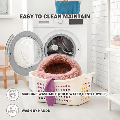 Cat Bed for Indoor Cats, Calming Cozy Cave with Self-Warming Plush, Entire Bed Machine Washable & Anti-Slip Base, Breathable Pet Bed for Small Cats&Dogs All Seasons (Leather Pink, 20 * 20inch)