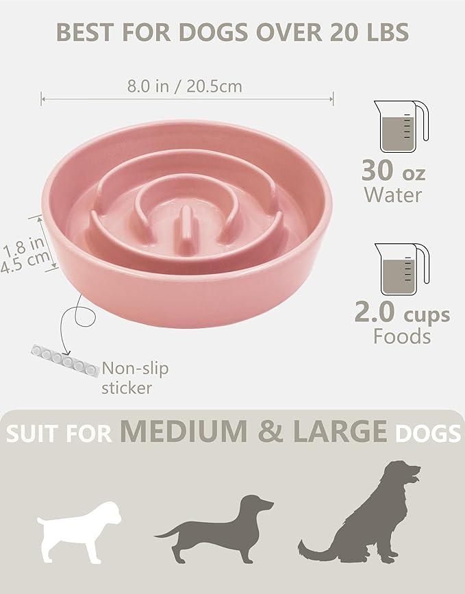 Ceramic Slow Feeder Dog Bowls, 2.0 Cups Slow Feeder for Medium and Large Dogs, Puzzle Maze Bowl to Slow Down Eating, 30oz, 8in, Pink