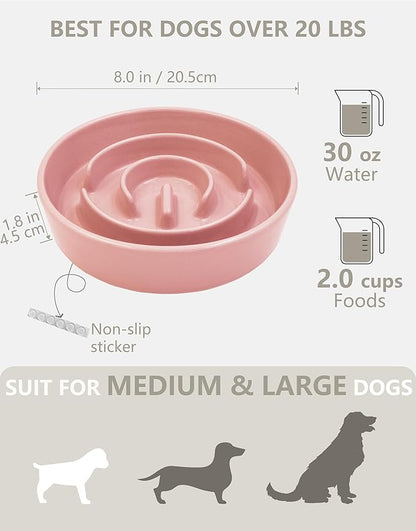 Ceramic Slow Feeder Dog Bowls, 2.0 Cups Slow Feeder for Medium and Large Dogs, Puzzle Maze Bowl to Slow Down Eating, 30oz, 8in, Pink