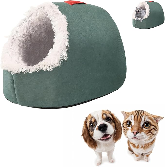 Winter Warm Pet Cave Bed, 2026 New Winter Cozy Cat Tent for Indoor, Soft Plush Cozy Indoor Nest with Non-Slip Bottom for Small Medium Dogs, Cats (Green, M, 16 * 14 * 13inches)
