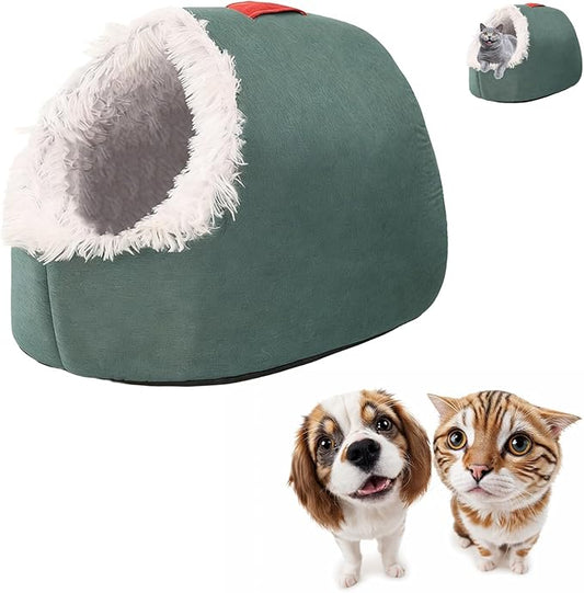Winter Warm Pet Cave Bed, 2026 New Winter Cozy Cat Tent for Indoor, Soft Plush Cozy Indoor Nest with Non-Slip Bottom for Small Medium Dogs, Cats (Green, M, 16 * 14 * 13inches)