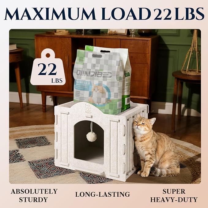 Apasiri Cat House Scratch-Resistant: Indoor Warm Enclosed Felt Bed Cave with Hanging Ball Toy, No-Tool Assembly Hideaway for Anxious Cats & Kittens, 13.4x13.4x9.85 Inch Interior