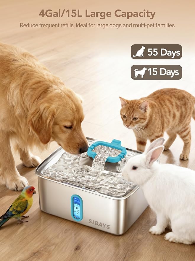SIBAYS 4Gal/15L Large Dog Water Fountain, Stainless Steel Pet Water Fountain with Water Level Window and LED Light, Ultra Quiet Automatic Dog Water Bowl Dispenser, Easy to Clean(FS78, Silver-Blue)