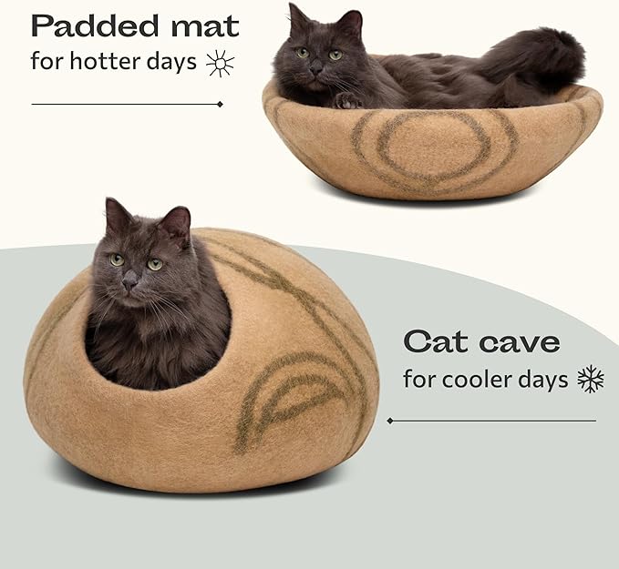 MEOWFIA Cat Cave – Premium Felt Cat Bed for Indoor Cats, Handmade 100% Merino Wool, Cat (Beige, Medium)